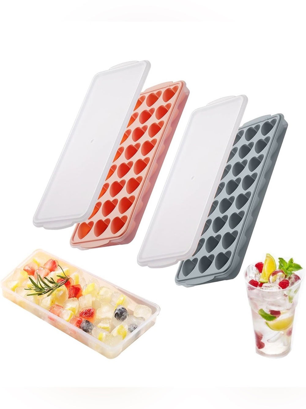 0099: 2 Pack Heart Shape Ice Cube Trays Set with Lid and Bin - Coral & Gray